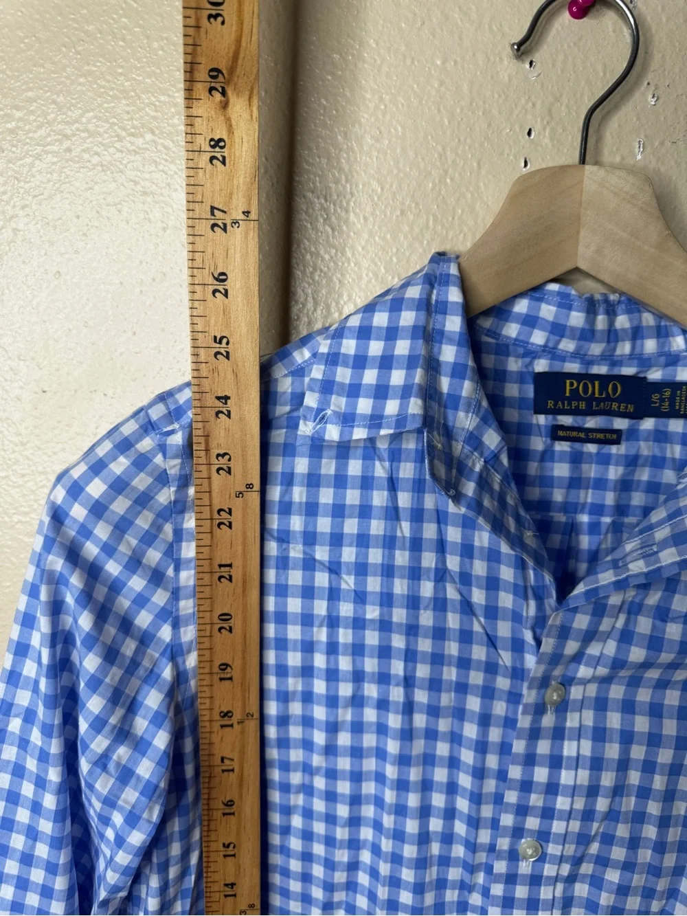 Polo Ralph Lauren Boys L 14-16 Button Up Shirt Blue Gingham Cotton Stretch